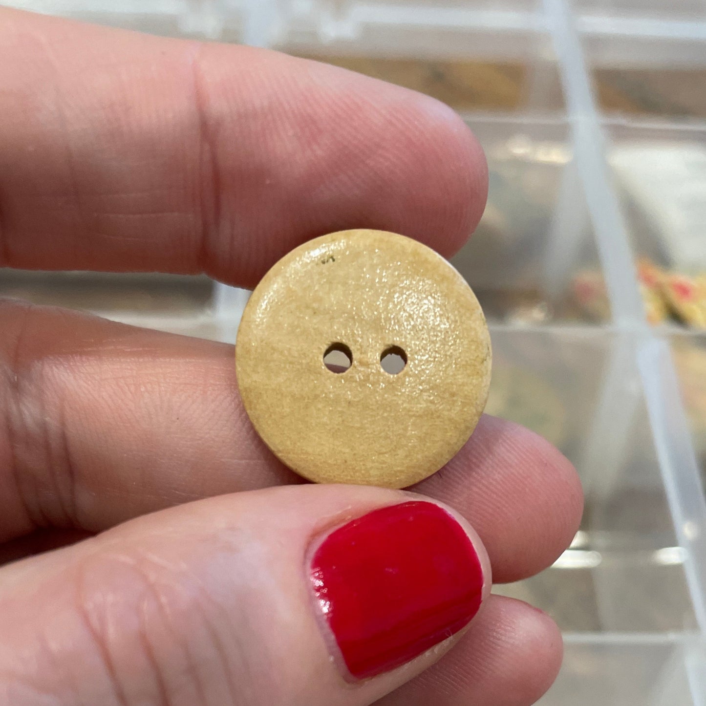 Hand holding a small round beige button with a clear plastic organizer in the background