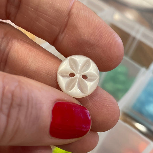 Hand holding a white button with a blurred background of a storage box with buttons.