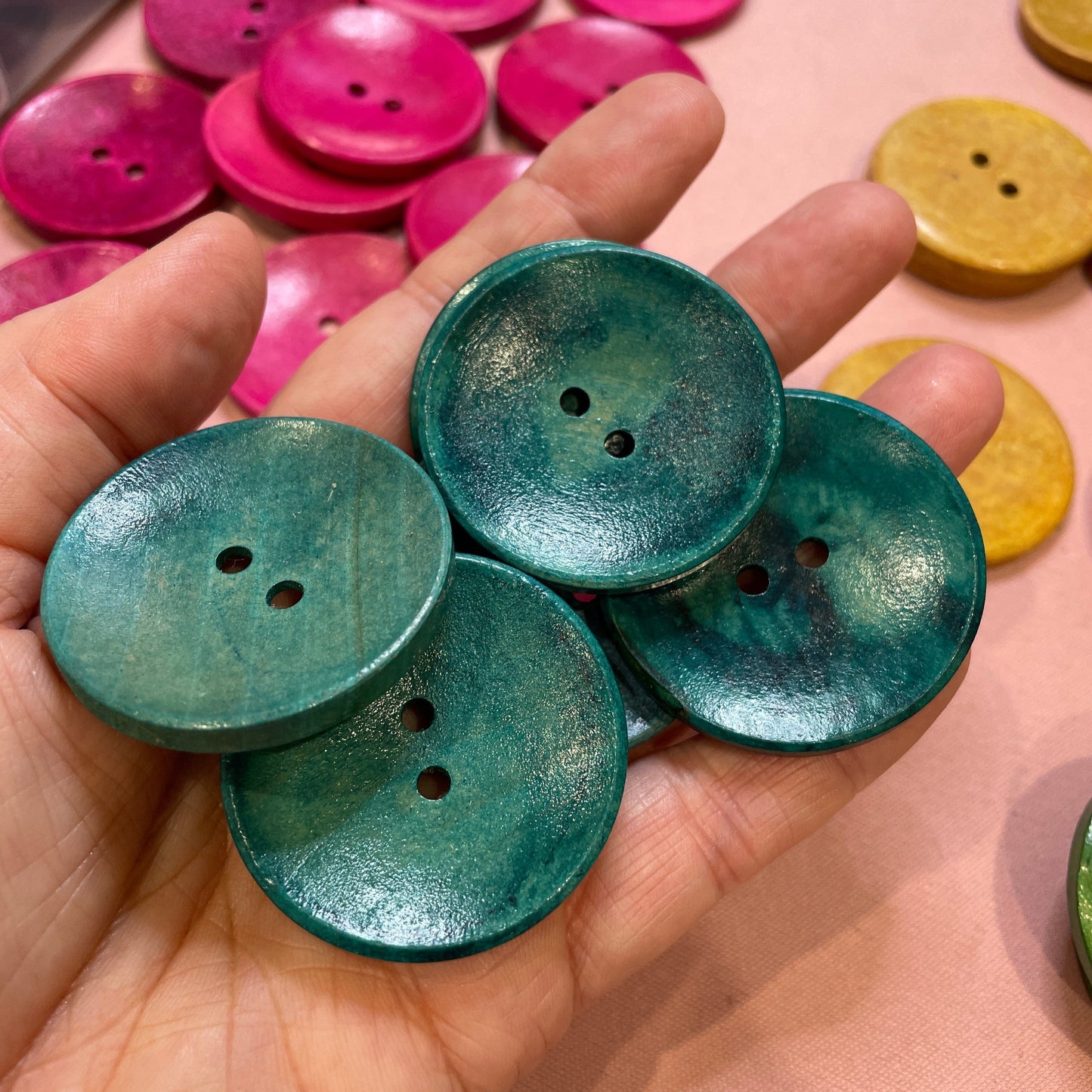 Button, Teal Concave Pear Wood, 40mm