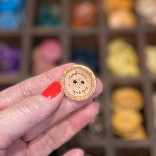 Button, 'Handmade with Love' Pear Wood, 25mm
