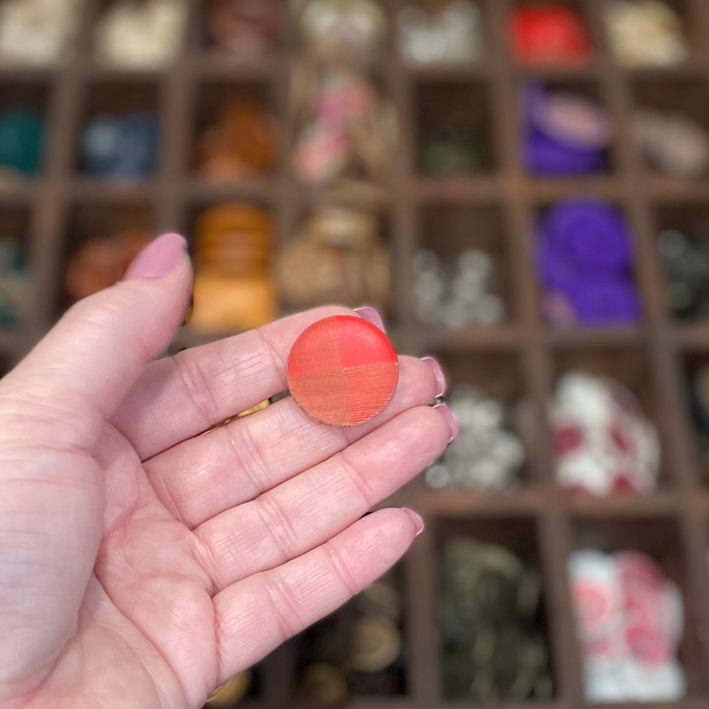 Button, Red Criss Cross Pear Wood, 28mm Shanked