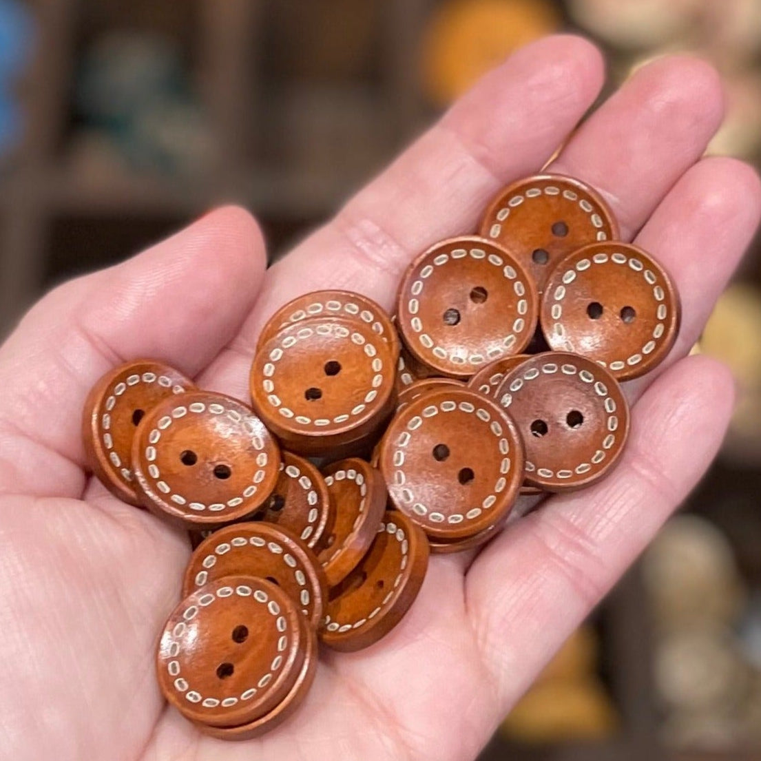 Button, Brown Stitches Pear Wood, 19mm