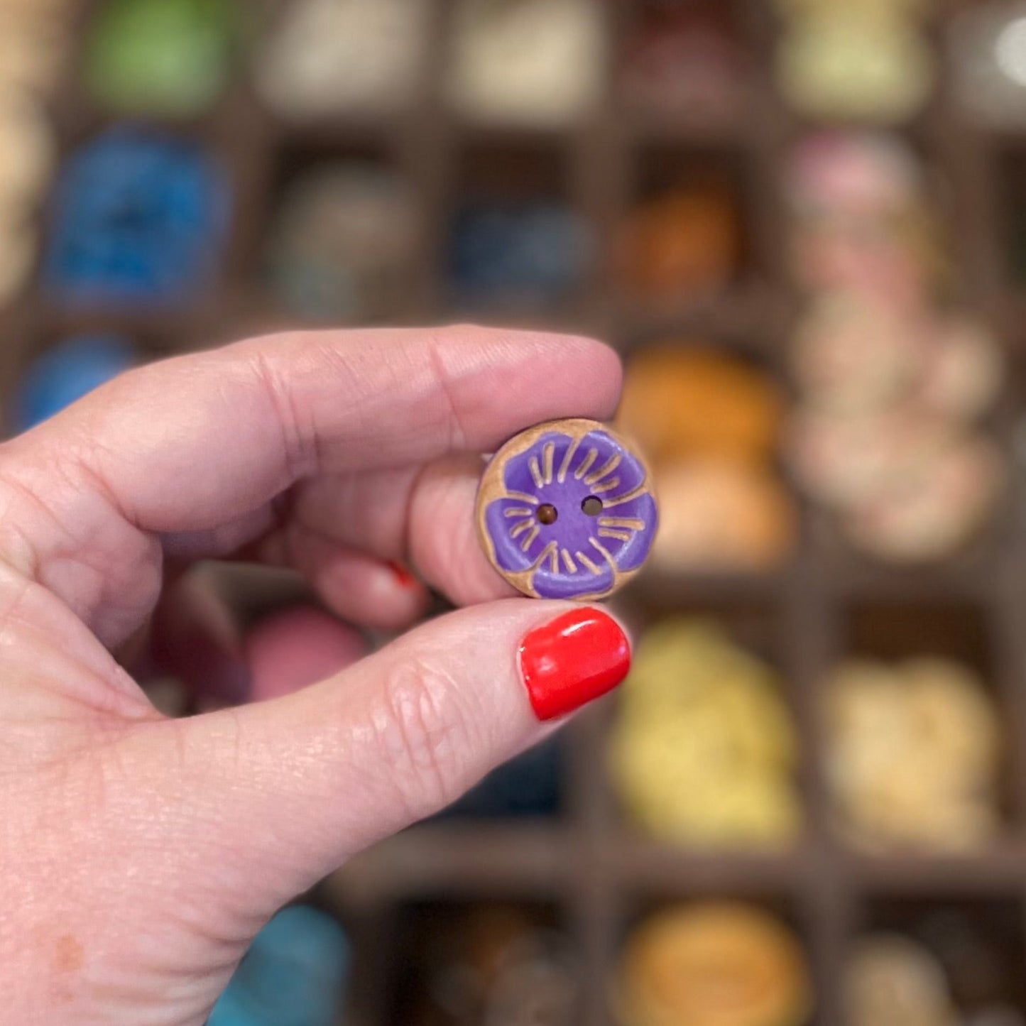 Button, Purple Poppy Pear Wood, 23mm