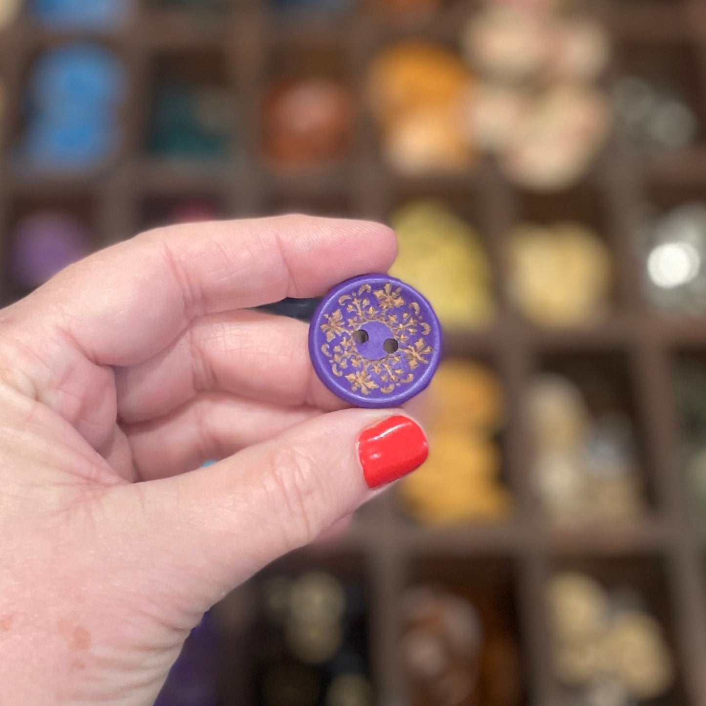 Button, Purple Fleur De Lis Pear Wood, 25mm