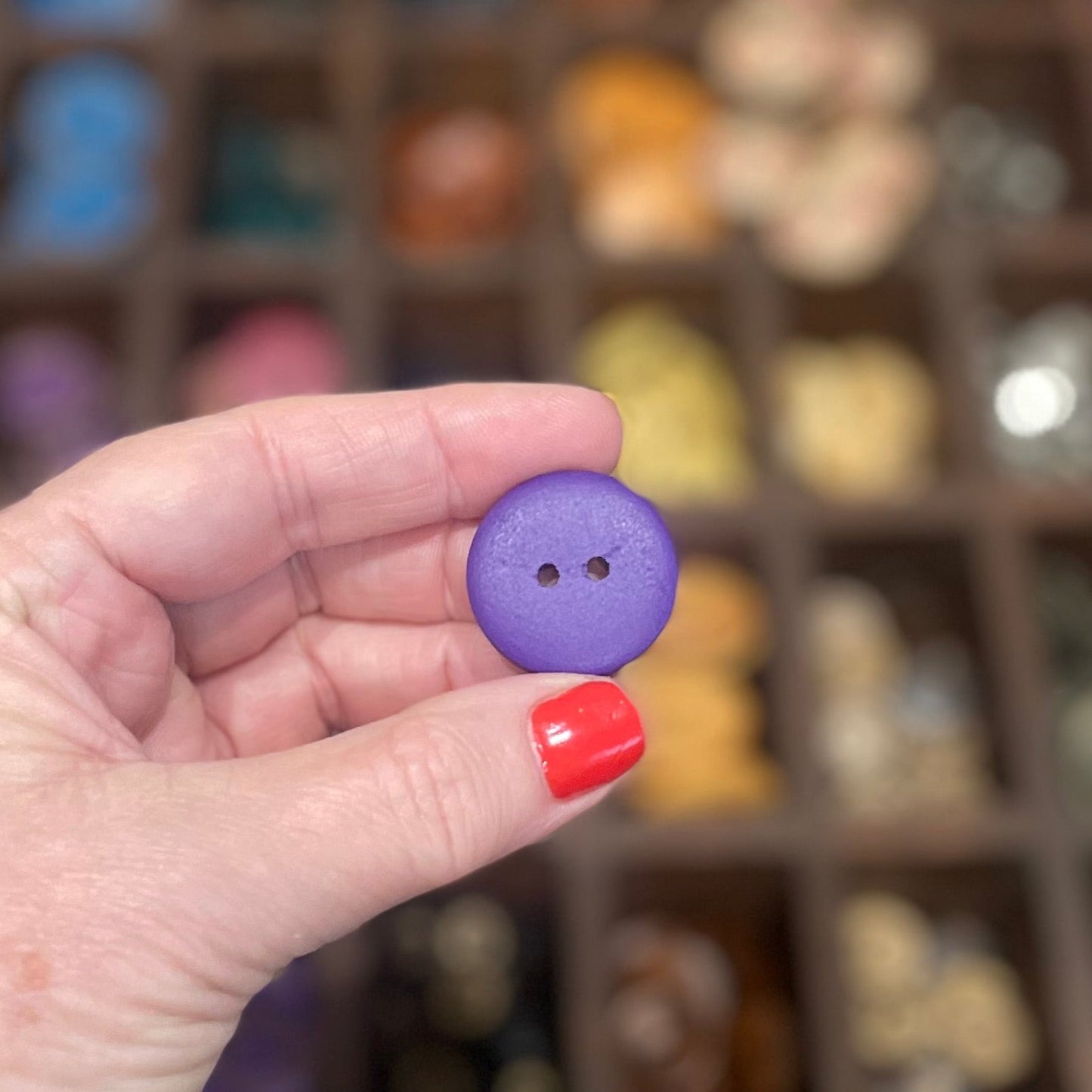 Button, Purple Fleur De Lis Pear Wood, 25mm