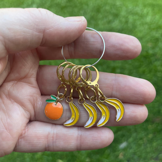 Bananas and an Orange Stitch Markers, Set of 5, French Clasp