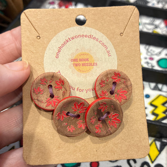 Buttons, Card of 4, Maple Leaf Pear Wood, 20mm