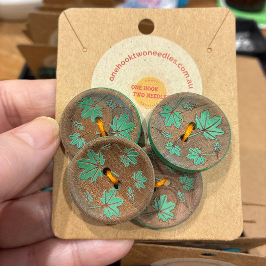 Buttons, Card of 4, Maple Leaf Pear Wood, 28mm