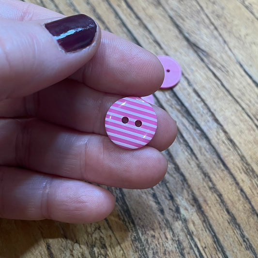 Button, Pink and White Stripes Resin, 15mm