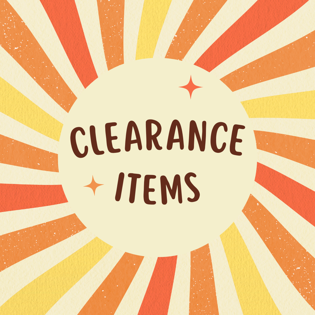 The words Clearance Items surrounded by rays of colour and two coloured stars