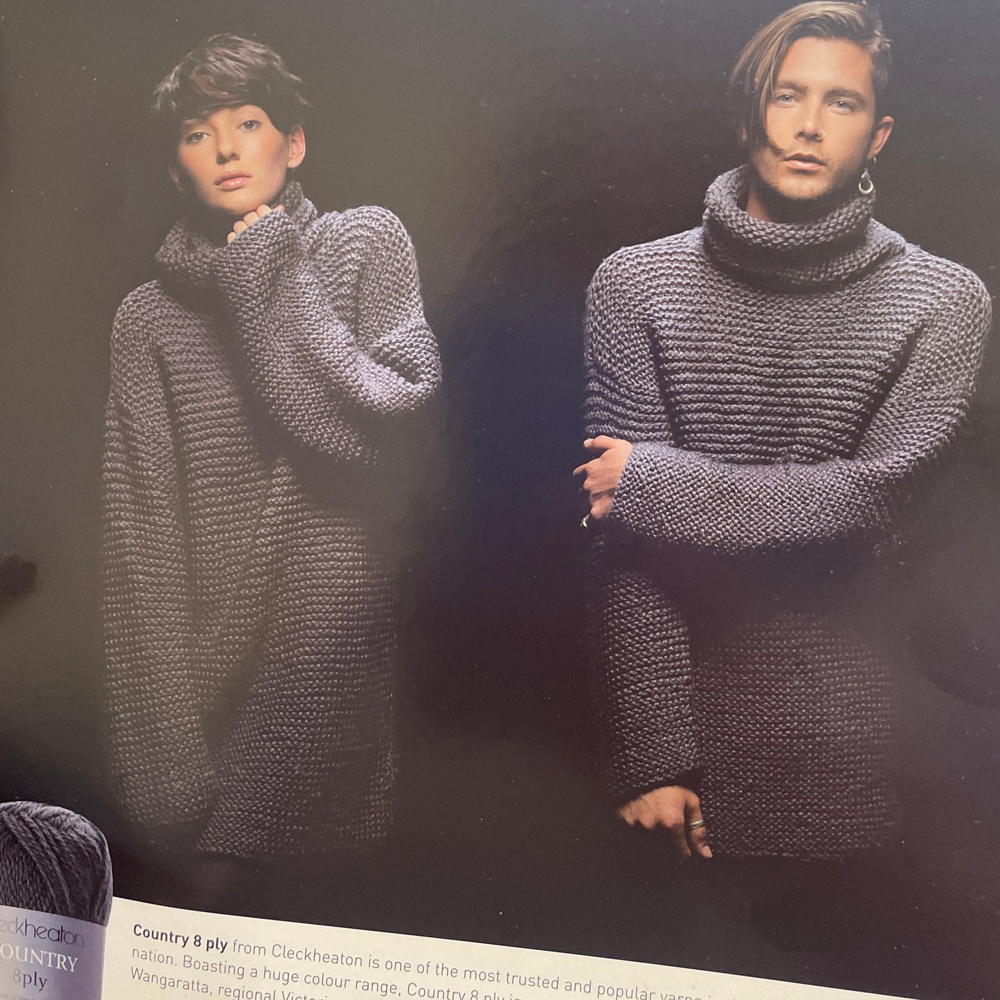 Knitted sweater pattern with a person wearing it and a ball of yarn.