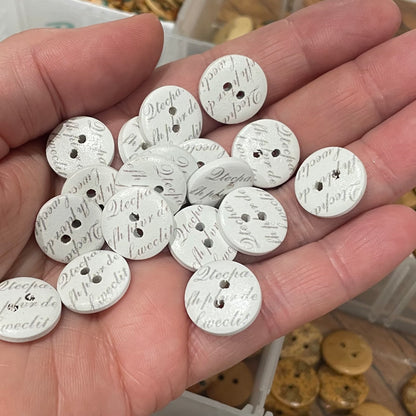 Button, White Words Pear Wood, 15mm