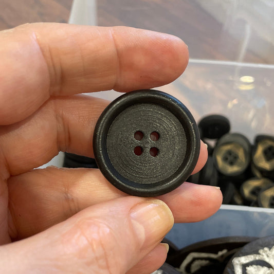 Hand holding a black button in a container of buttons.