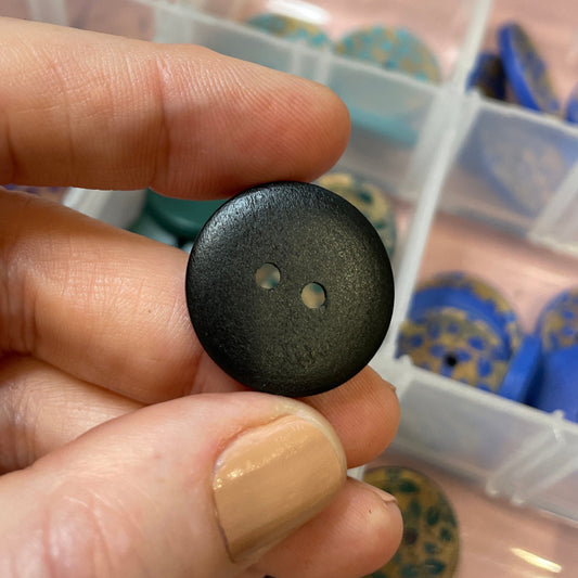 Person holding a black button with a blurred background of a container with buttons.