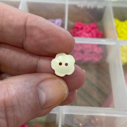 Hand holding a small yellow button with a blurred background of colorful buttons in a container.