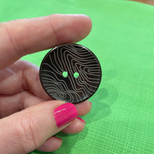 Hand holding a black button with white pattern against a green background
