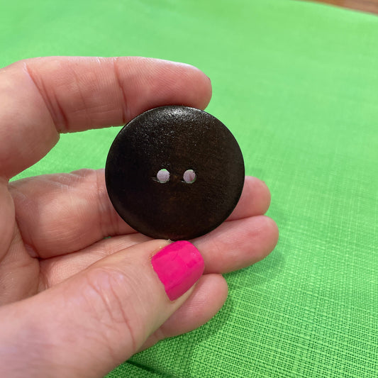 Hand holding a black button with two holes against a green background