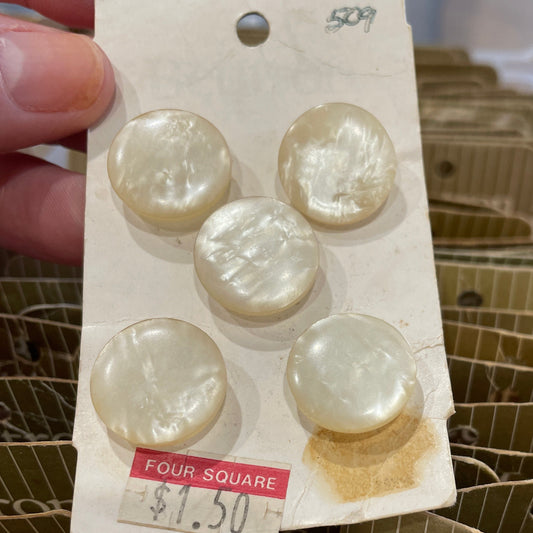 Set of vintage buttons on a card held by a hand, with a clear container in the background.