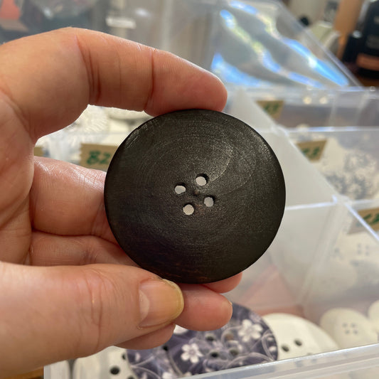 Hand holding a black button with four holes against a blurred background