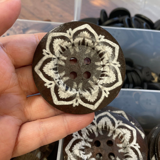 Hand holding a decorative button with intricate design, with a clear container of buttons in the background.