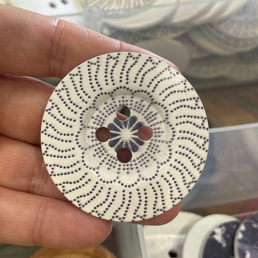 Hand holding a decorative button with intricate design, blurred buttons in the background