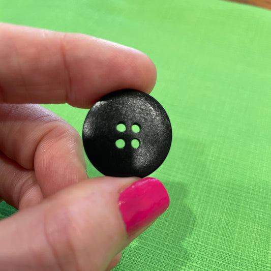 Black button held between fingers against a green background