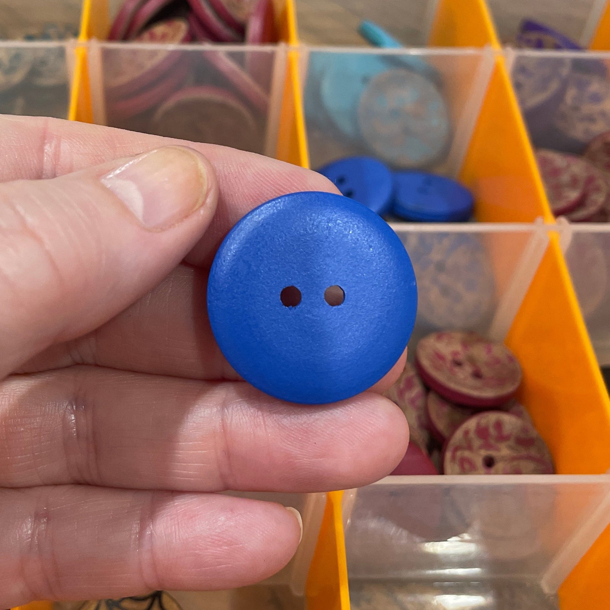 Hand holding a blue button with a background of button storage organizer