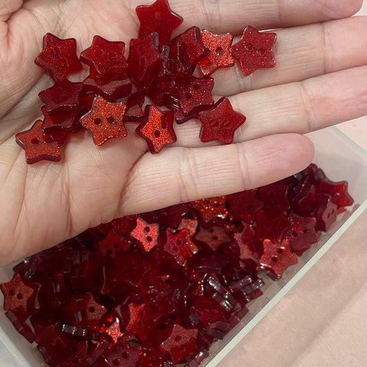Button, Red Glitter Star Resin, 14mm