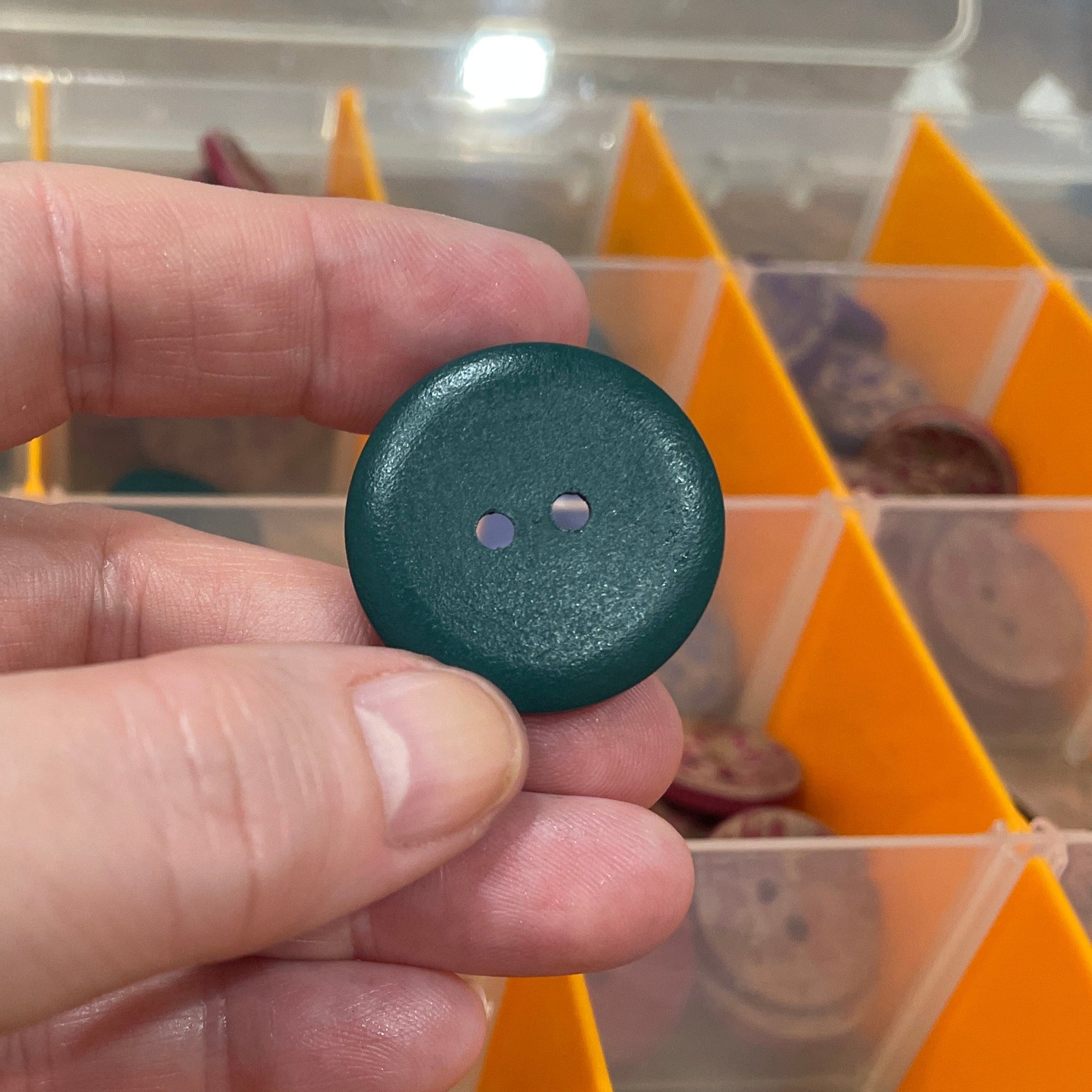 Hand holding a dark green button with a clear organizer in the background