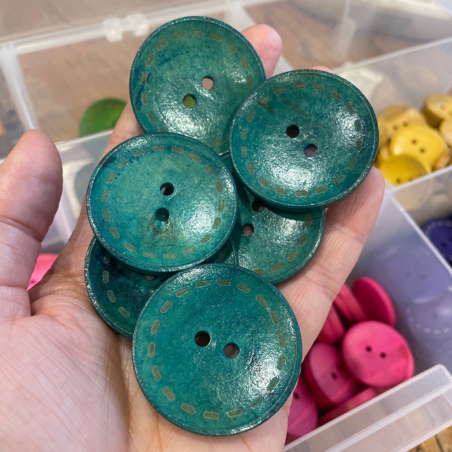 Button, Teal Stitches Pear Wood, 40mm