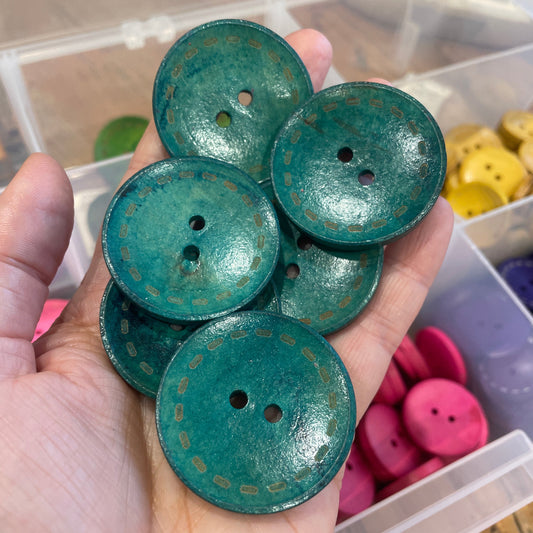 Button, Teal Stitches Pear Wood, 40mm