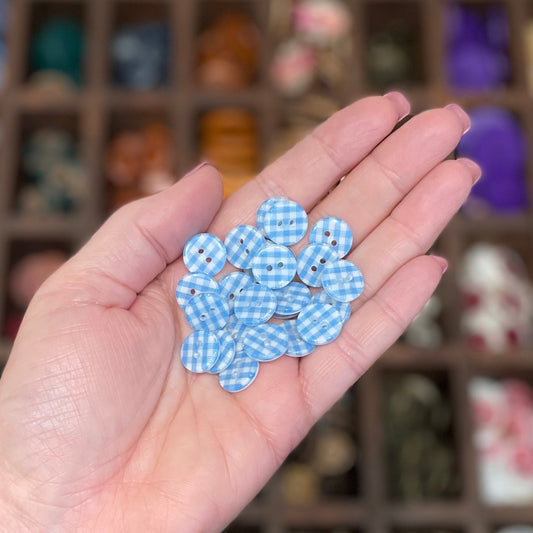 Button, Blue Gingham Resin, 13mm