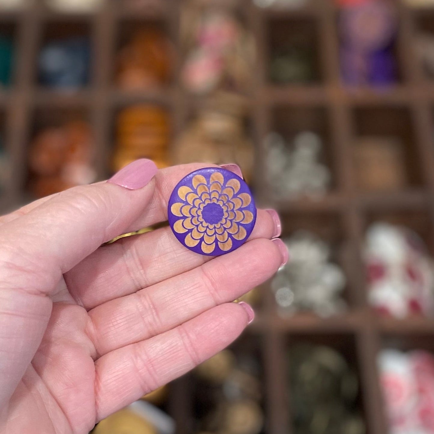 Button, Purple Flower Pear Wood, 28mm Shanked