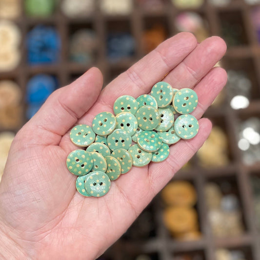 Button, Green Polka Dot Pear Wood, 15mm