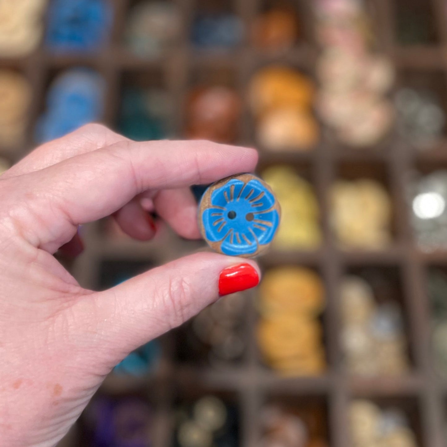 Button, Blue Poppy Pear Wood, 27mm