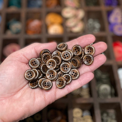 Button, Brown Stitches Pear Wood, 15mm