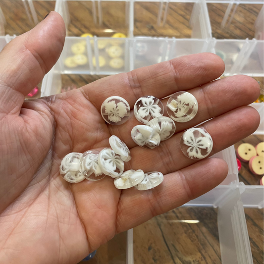 Hand holding small white decorative buttons with a clear organizer in the background