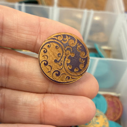 Button, Aubergine Deep Purple Floral Ying Yang Pear Wood, 23mm Shanked