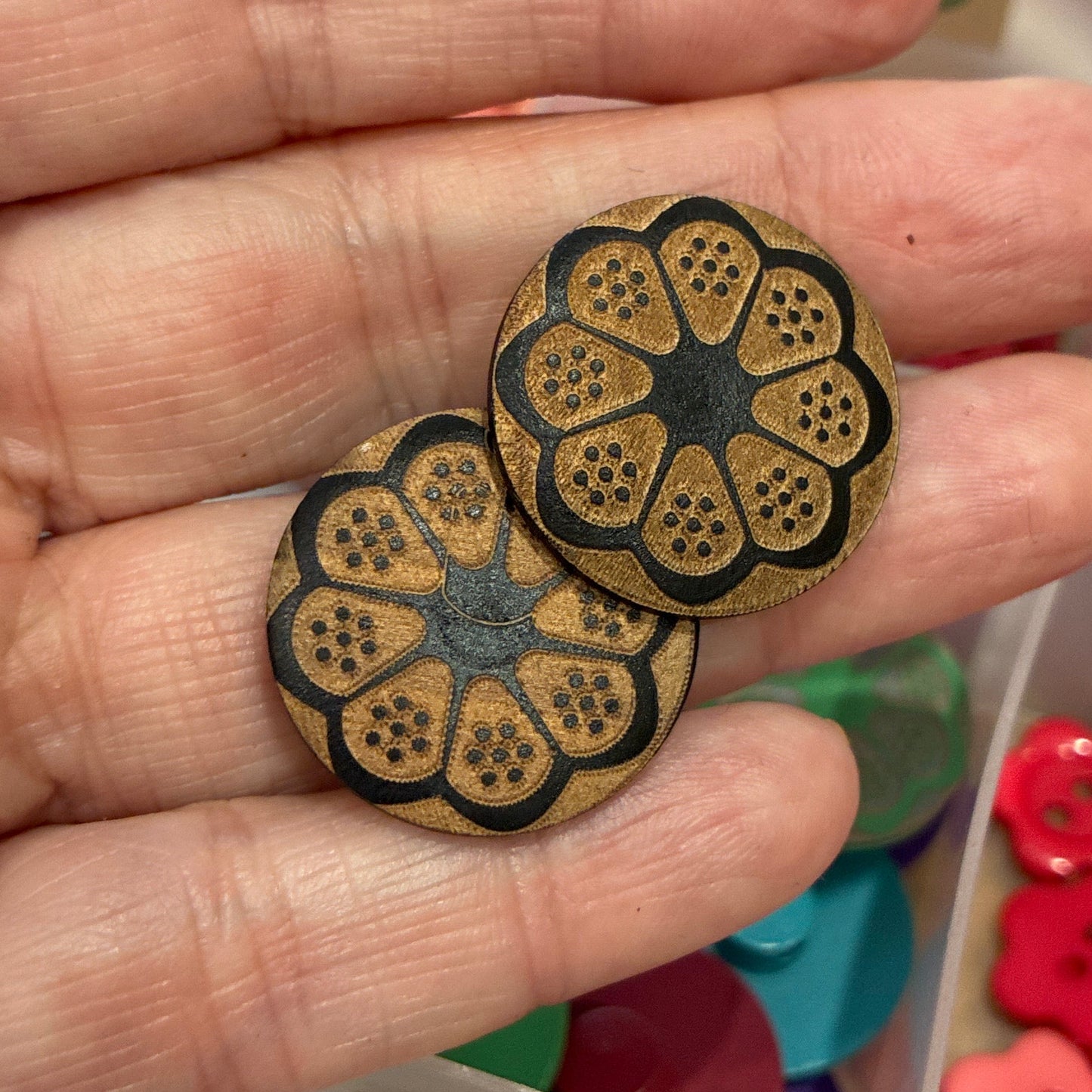 Button, Black Flower Pear Wood, 23mm Shanked