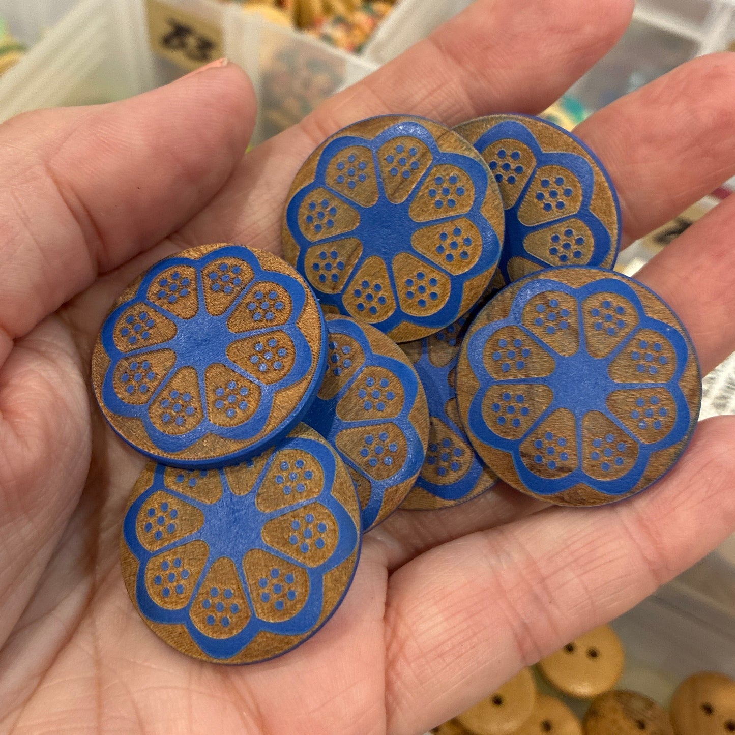 Button, Blue Flower Pear Wood, 28mm Shanked