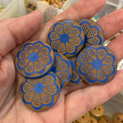 Button, Blue Flower Pear Wood, 28mm Shanked