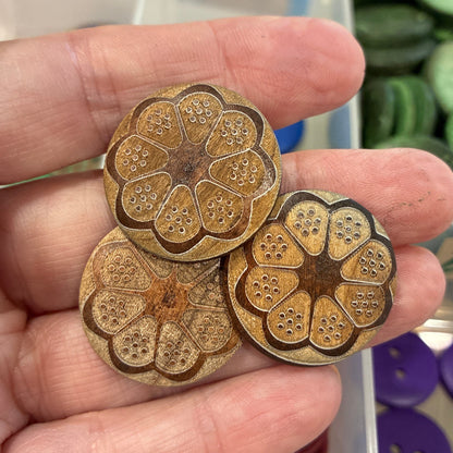 Button, Brown Flower Pear Wood, 25mm Shanked