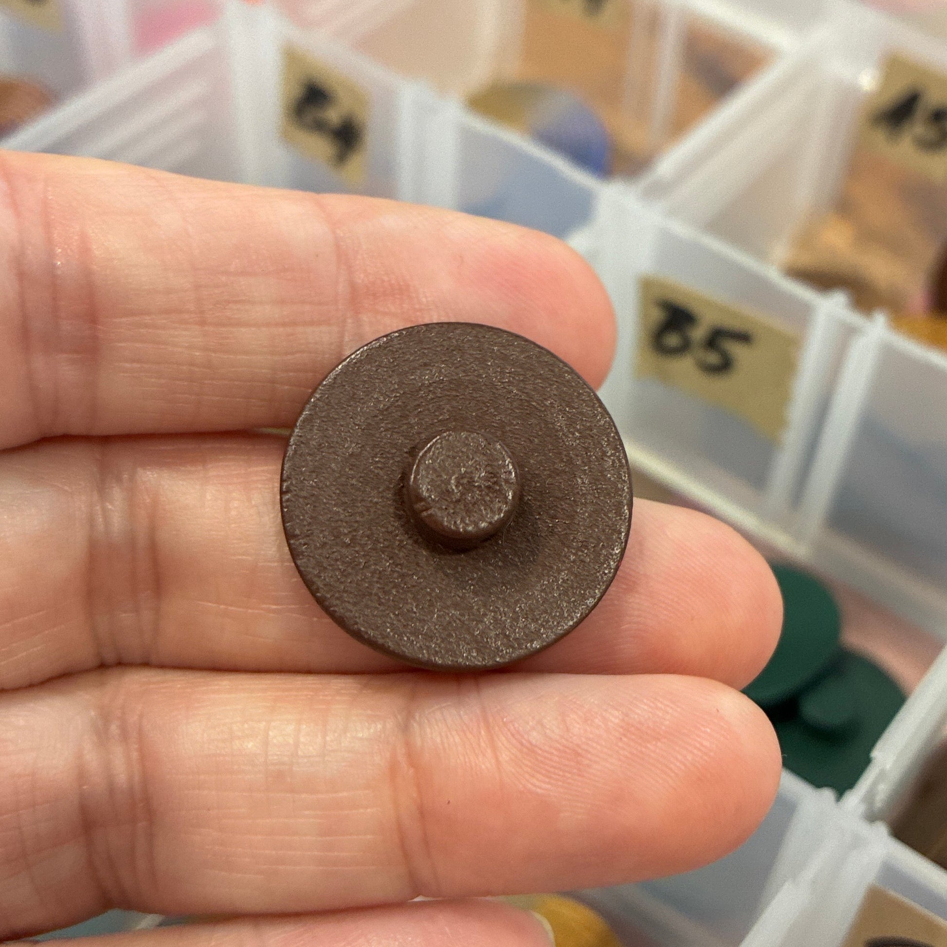 Hand holding a small button with a background of a button organizer.