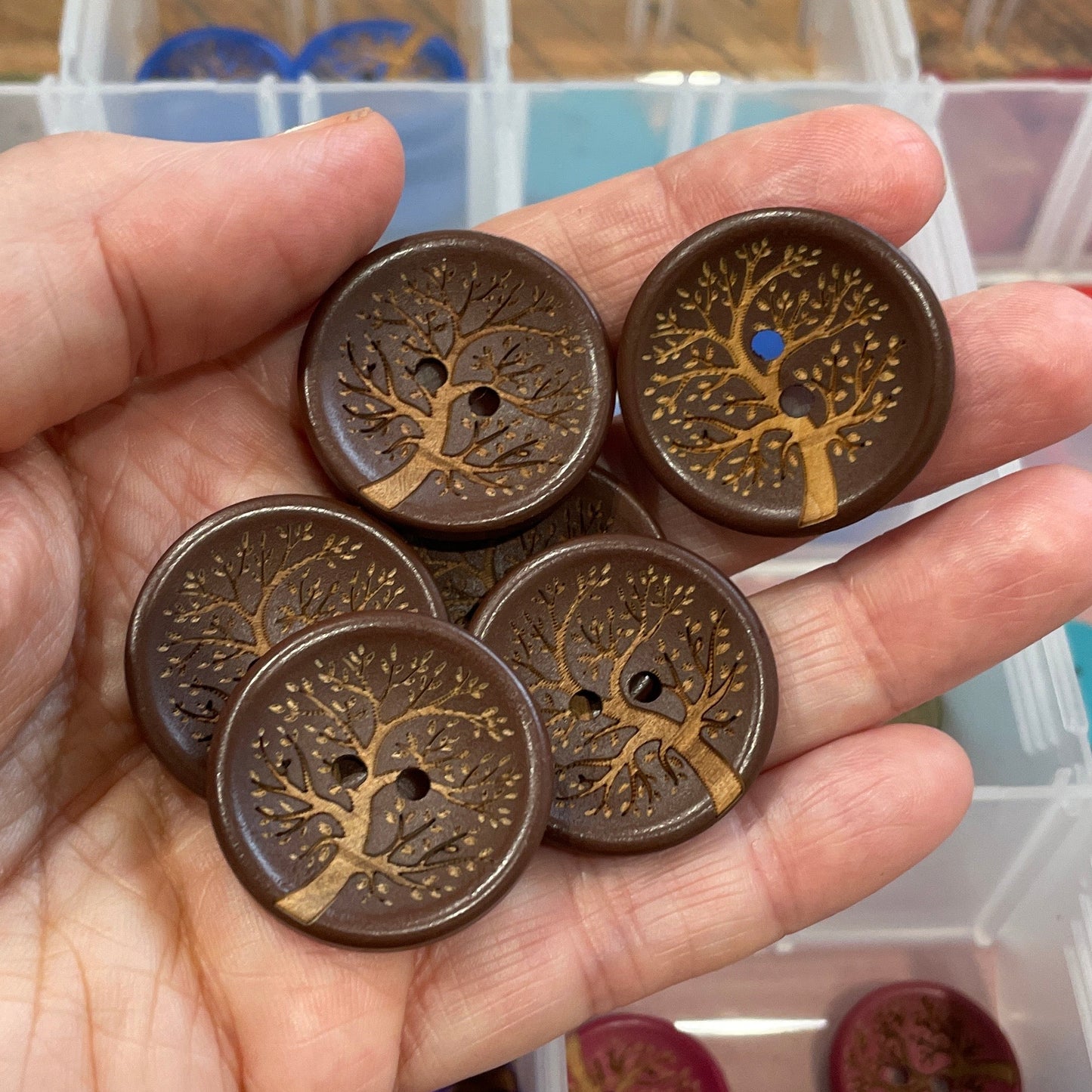 Button, Brown Tree of Life Pear Wood, 27mm