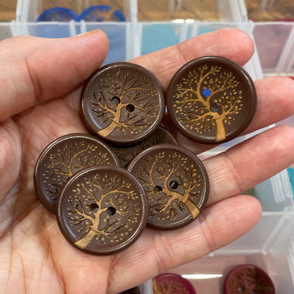 Button, Brown Tree of Life Pear Wood, 27mm