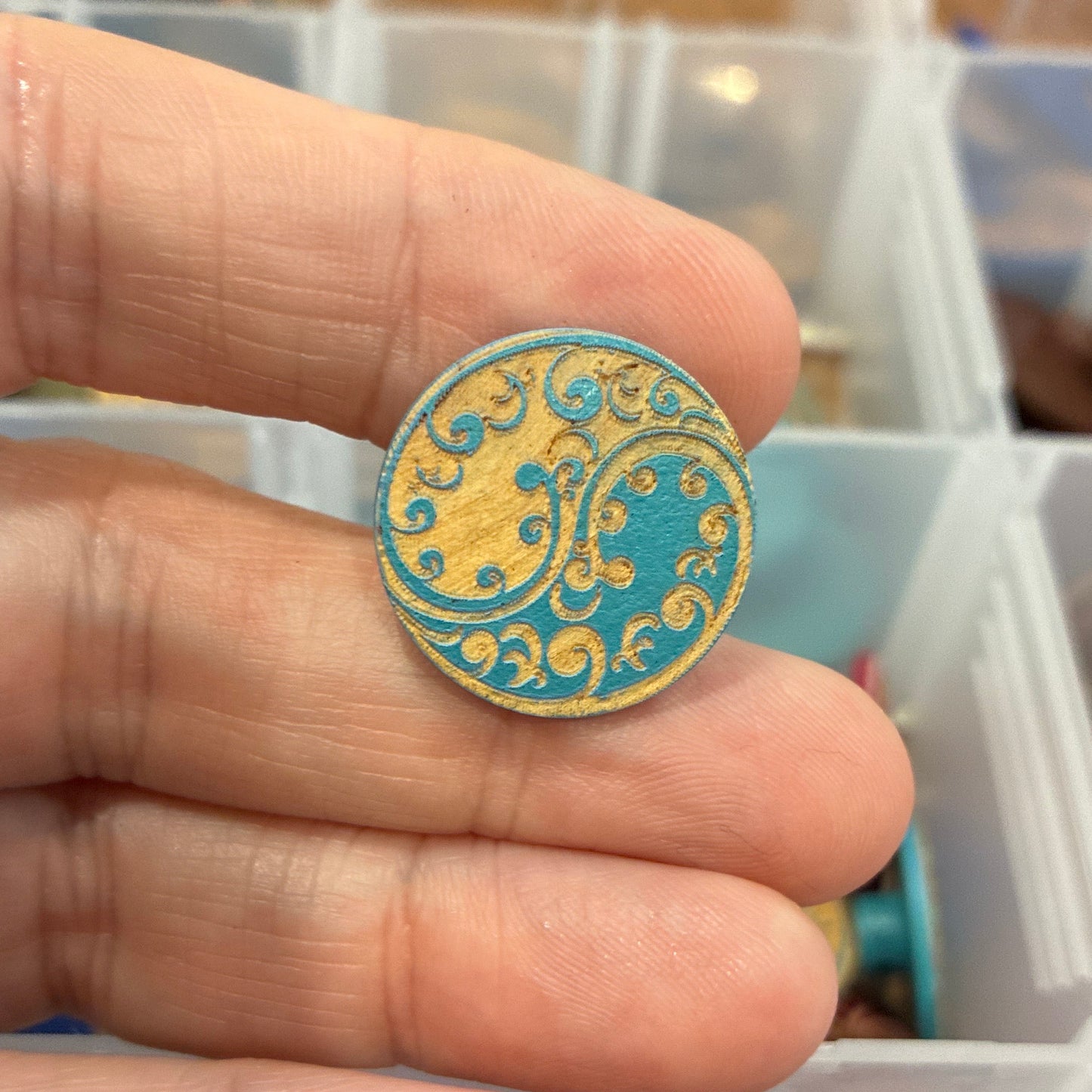 Button, Light Blue Floral Ying Yang Pear Wood, 20mm Shanked