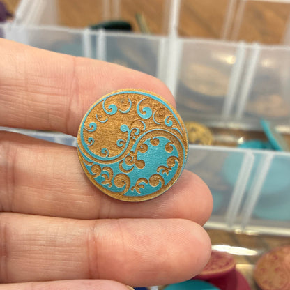 Button, Light Blue Floral Ying Yang Pear Wood, 23mm Shanked
