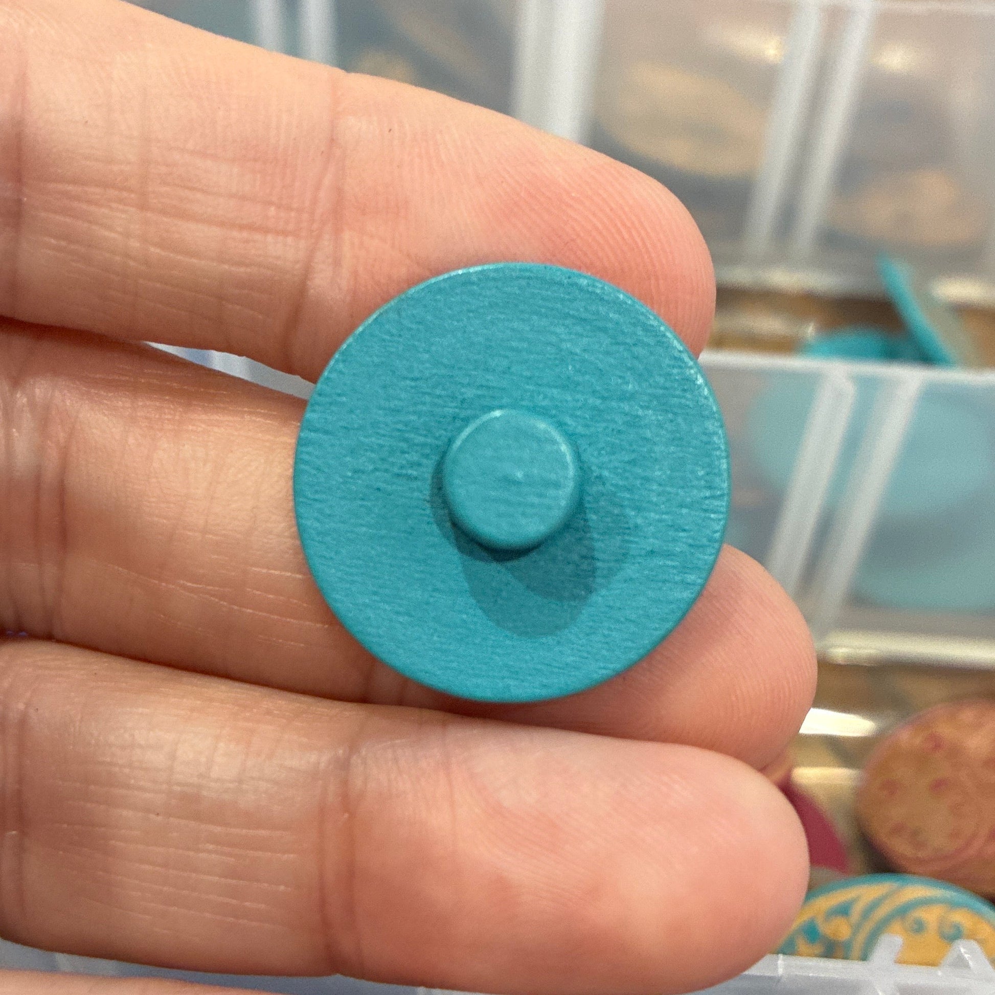 Button, Light Blue Floral Ying Yang Pear Wood, 23mm Shanked
