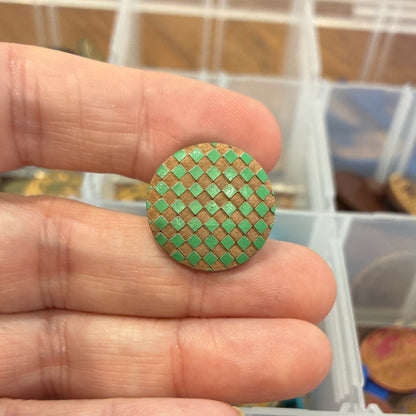 Button, Light Green Check Pear Wood, 20mm Shanked