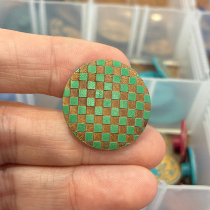 Button, Light Green Check Pear Wood, 25mm Shanked